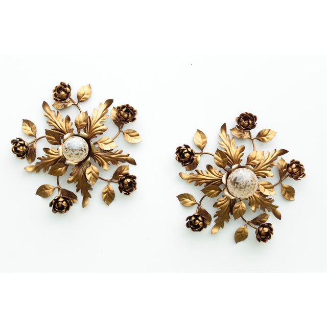 Gold-Plated Wall Lights with Roses, Italy, 1970s, Set of 2 For Sale - Image 9 of 9