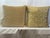 Custom-tailored 22” square knife edge pillows in Mariano Fortuny “Campanelle” seafoam green and silvery gold fabric. Light...