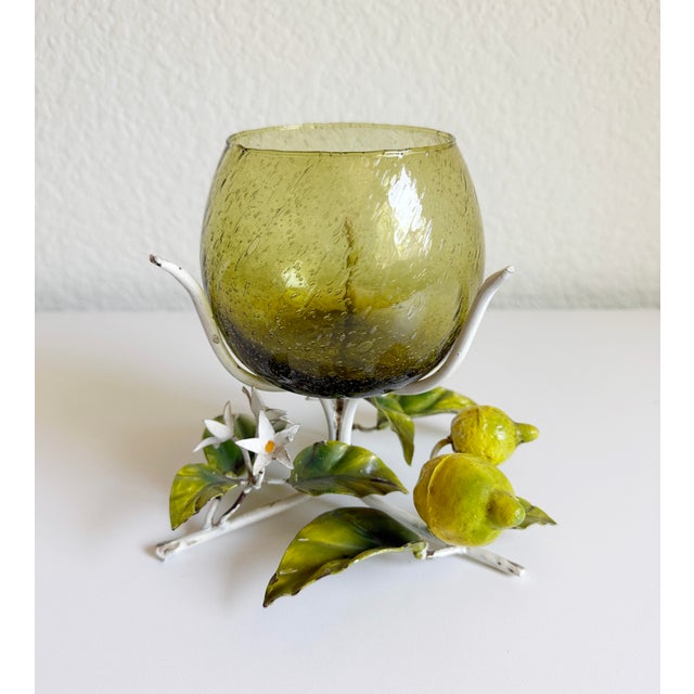 Olive 1950s Italian Toleware Hurricane Candle Holder With Lemon Tree Accents For Sale - Image 8 of 9