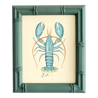Original Hand-Painted Blue Lobster Painting in a Hand-Painted Frame For Sale