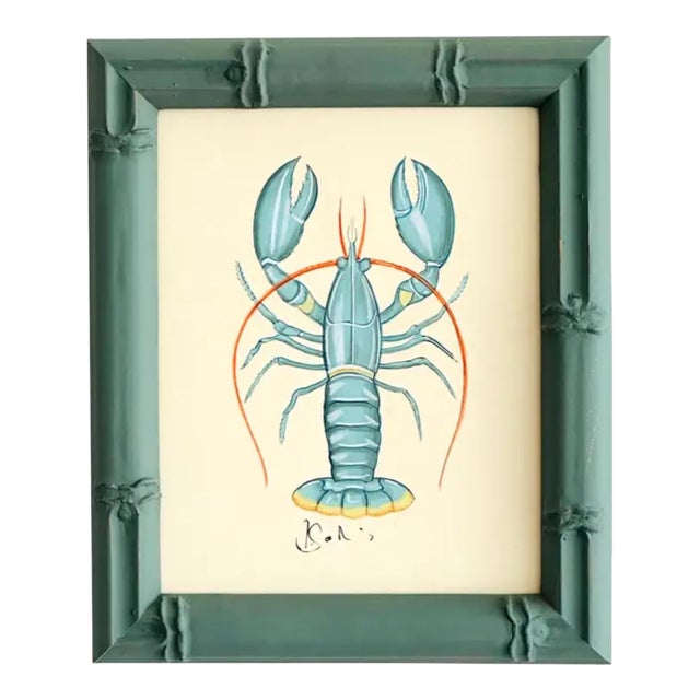 Original Hand-Painted Blue Lobster Painting in a Hand-Painted Frame For Sale