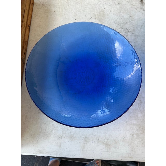 Shabby Chic Vintage Large 15” Cobalt Blue Glass Texured Bowl for Serving or Decorating For Sale - Image 3 of 8