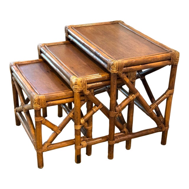 Vintage 1950s Rattan & Mahogany Nesting Tables, Set of Three For Sale
