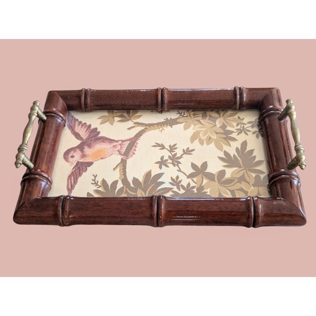 Vintage Faux Bamboo Glass Tray With Schumacher Fabric Insert For Sale - Image 12 of 14