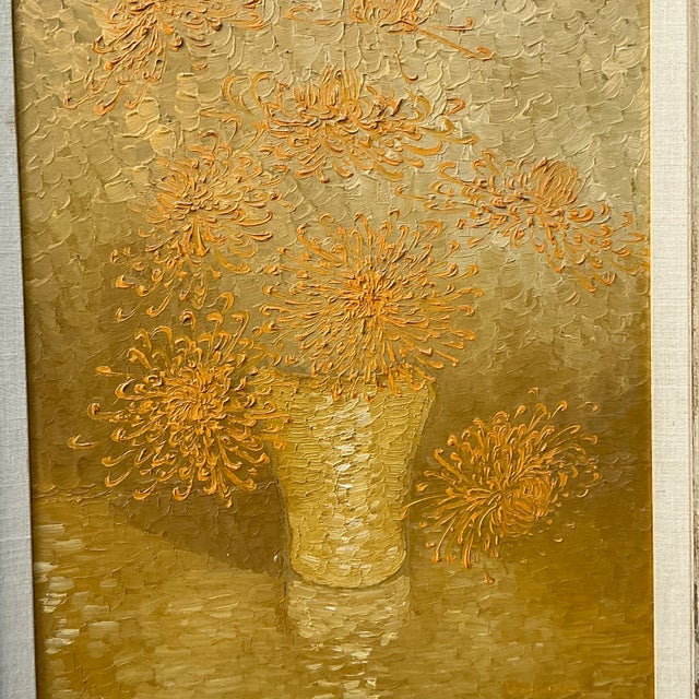 Gold Vintage Boho 1965 Original Floral Oil Painting on Board For Sale - Image 8 of 8