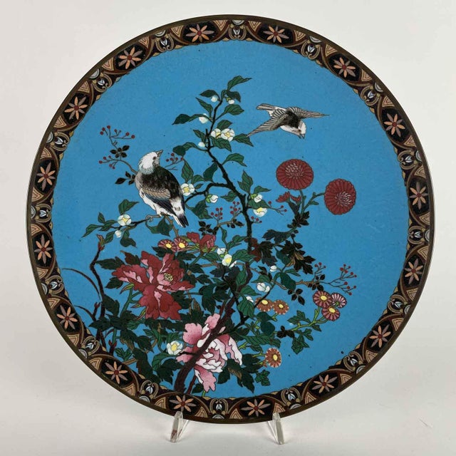 A pair of Japanese cloisonne plates from the Meiji Period, 1868-1912, with a turquoise background in good condition. The...