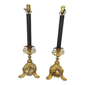 Pair of Renaissance Style Ebonized Metal and Cast Ormolu Table Lamps