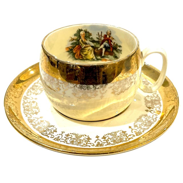 Metal Mid 20th Century 22 Carat Crest-O-Gold Cup Sand Saucers by Sabin - 6 Sets - 12 Pieces For Sale - Image 7 of 13