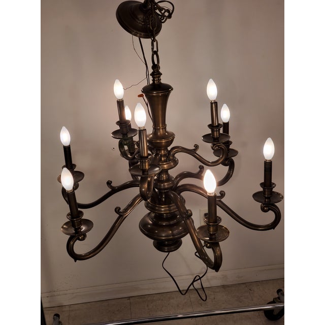 Traditional Mid 20th Century 9 Arm Antique Bronze Finish Chandelier For Sale - Image 3 of 12