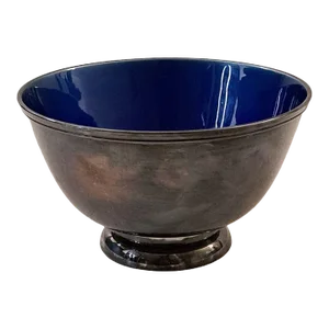 Vintage Towle Silversmiths Bowl Blue Enamel Silverplated Footed, Marked Ep5003