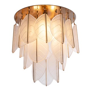 1970 Italy Flush Mount Leaf Chandelier Glass & Brass For Sale