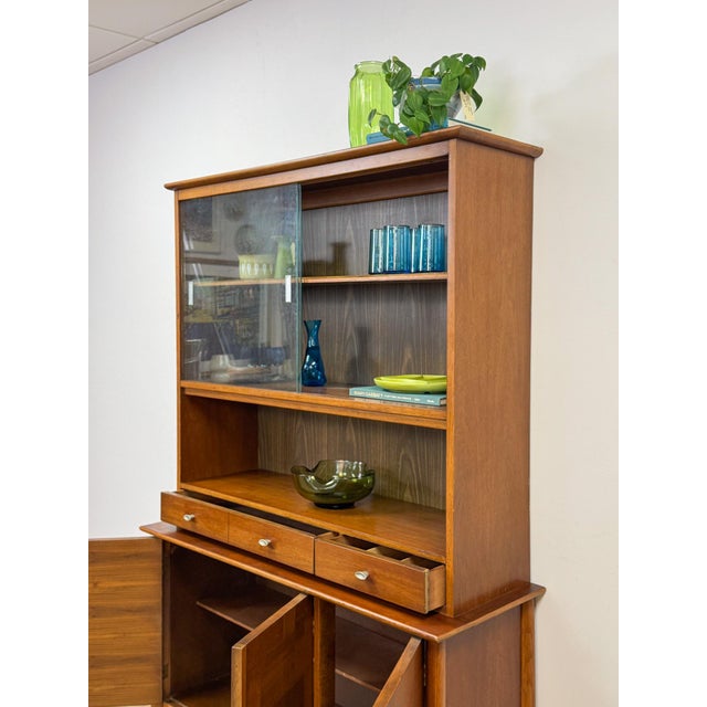 Vintage Hutch by Paine Furniture MCM China Cabinet, Parquet Doors, Glass Sliding For Sale - Image 14 of 18