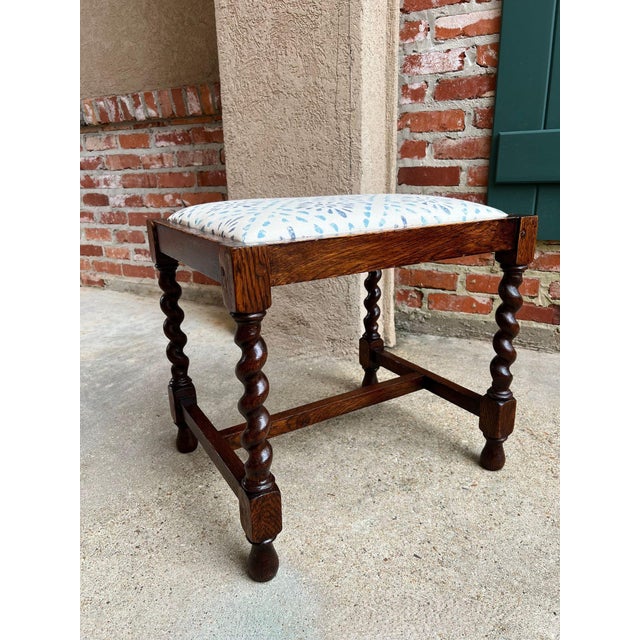 Antique English Oak Barley Twist Stool Bench Jacobean Revival Upholstered C1910 For Sale - Image 13 of 18