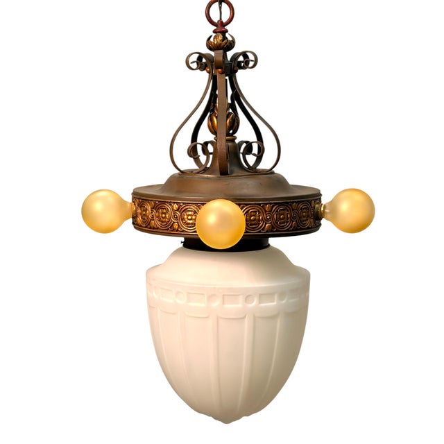 Brown 1920s Pendant With Acorn Shaped Shade and Four Bare Bulbs and Original Paint Finish For Sale - Image 8 of 14