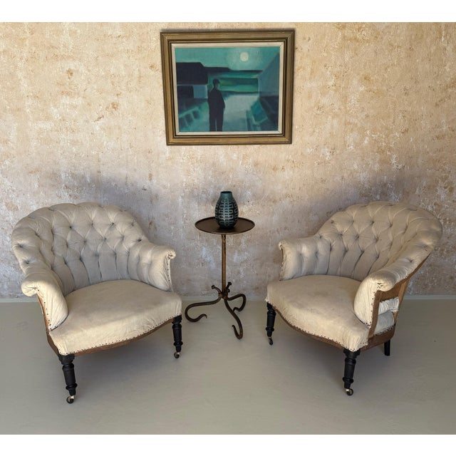 French Pair of 19th C French Small Scale Napoleon III Armchairs With Diamond Tufting For Sale - Image 3 of 12