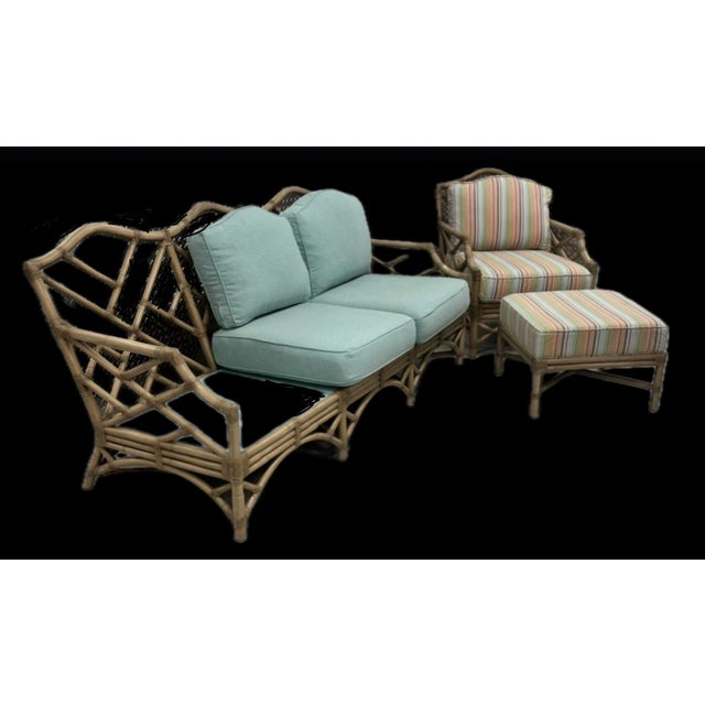 Contemporary David Francis Chippendale Rattan Sofa Set. Couch, Chair and Ottoman, Like New, for Fraction of Price. Quality, Designer Furniture in a Coastal Design. For Sale - Image 3 of 12