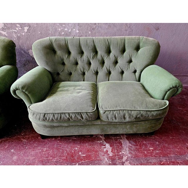 Vintage Chesterfield Style Sofas in Green Fabric, Set of 2 For Sale - Image 9 of 15