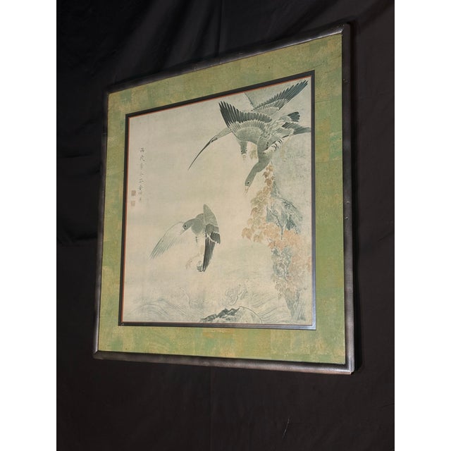 Late 20th Century East Asian Ink Wash Style Bird Painting in Green Silk Mat For Sale - Image 4 of 9