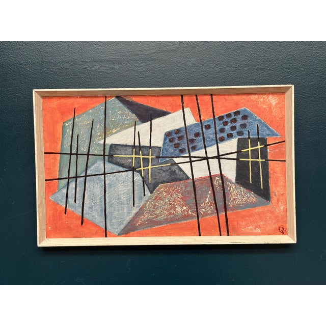 Original Vintage Swedish Abstract Oil on Panel – “Roofscape” – Signed (Artist Unknown) – Framed – 64 × 40 cm (25.2" ×...