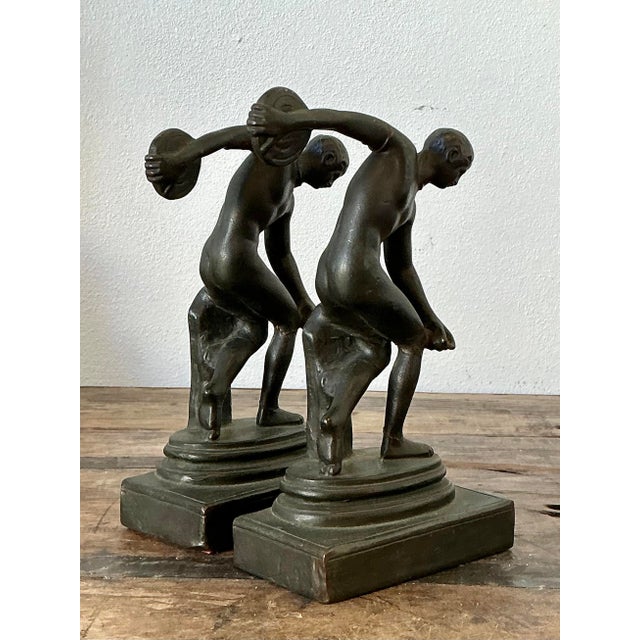 Late 20th Century Vintage Patinated Cast Brass Disc Thrower Bookends - A Pair For Sale - Image 5 of 12