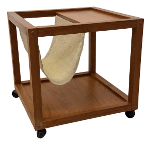 Mid-Century Danish Modern Teak Wood Rolling End Table With Magazine or Book Holder