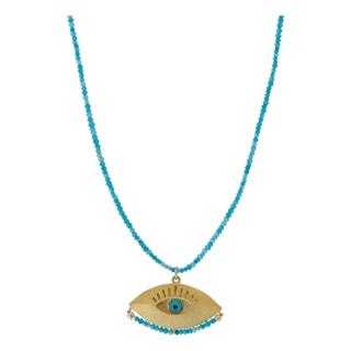 Gold Evil Eye Pendant Tiny Turquoise Stone Beaded Positive Necklace For Sale