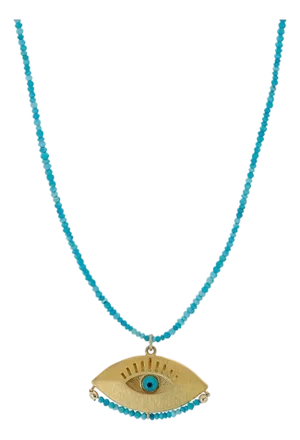 Gold Evil Eye Pendant Tiny Turquoise Stone Beaded Positive Necklace