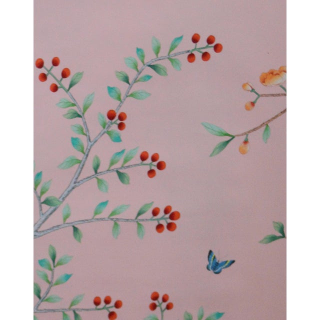 Chinese Chinoiserie Tropical Hand-Painted Wallpaper, Blush Pink Background With Floral & Bird Mural For Sale - Image 3 of 4