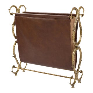 1960s Brass & Artificial Leather Magazine Rack For Sale