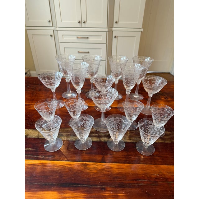 Stunning 12-Piece Set of Vintage Fostoria Romance Pattern Etched Crystal Glassware With Flowers and Ribbon Designs, c....