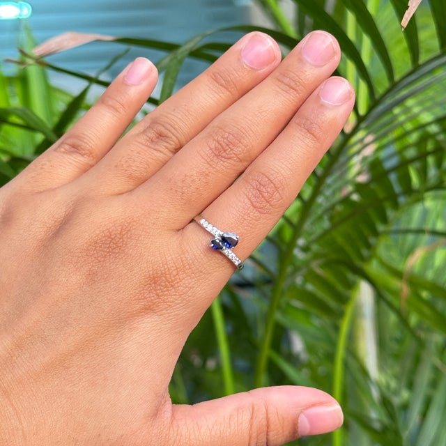 Two Stone Pear Cut Sapphire & Diamond Bypass Ring in 14k Solid Gold Size 5 For Sale - Image 12 of 16