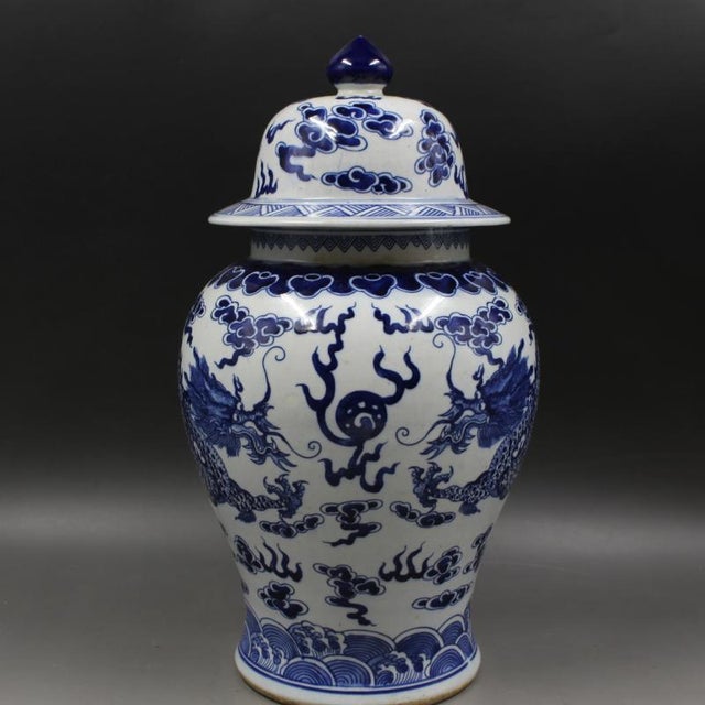 Antique Chinese Ceramic Pot Qing Dynasty Kangxi Marked Blue and White Porcelain Ginger Jar Hand Painted Double Dragon Playing With Pearl Pattern For Sale - Image 4 of 9