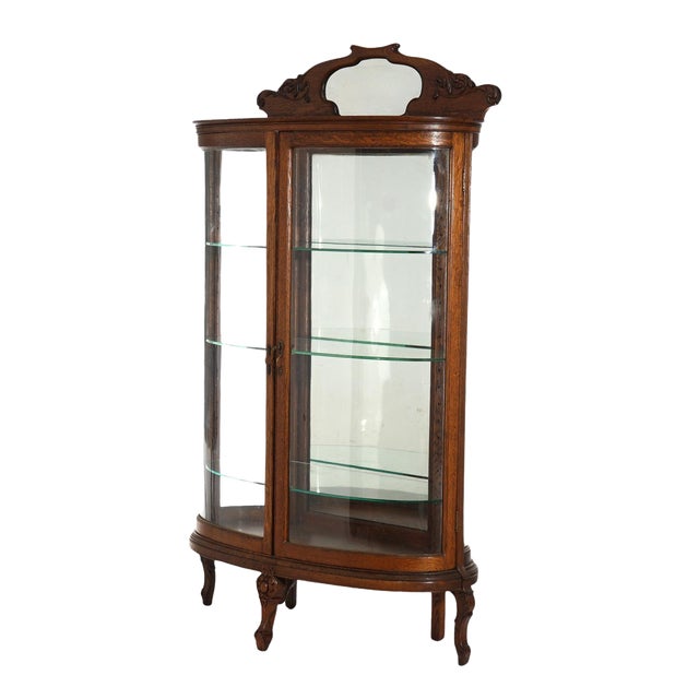 Early 20th Century Antique RJ Horner School Carved Oak & Curved Glass Mirrored China Cabinet C1910 For Sale