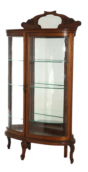 Early 20th Century Antique RJ Horner School Carved Oak & Curved Glass Mirrored China Cabinet C1910
