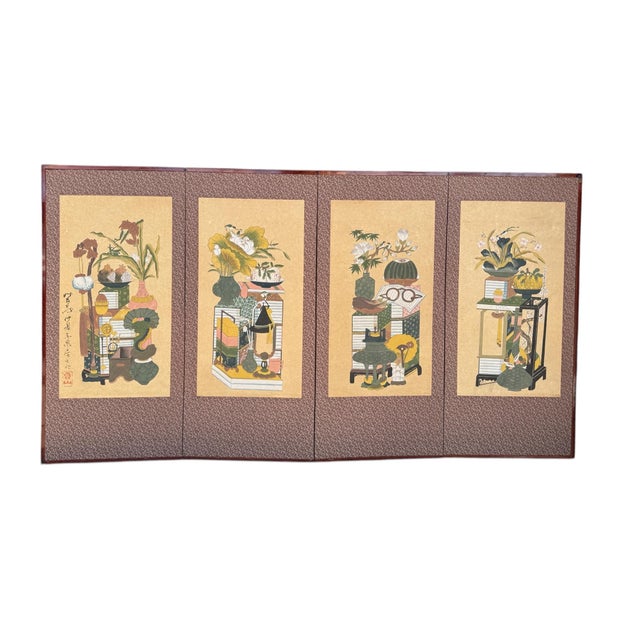 A four-panel painted folding screen from Korea circa early 20th century. This type of screen is called Chaekgeori (books...