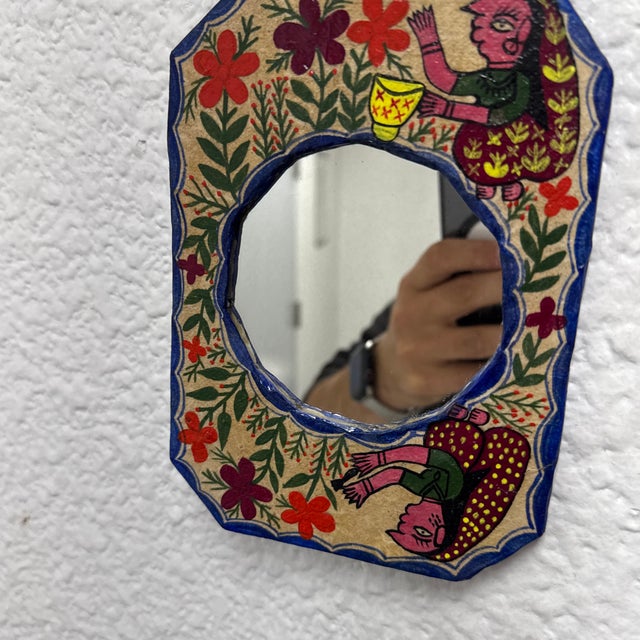 Mithila Folk Hand-Painted Art Wall Small Mirror For Sale - Image 12 of 12