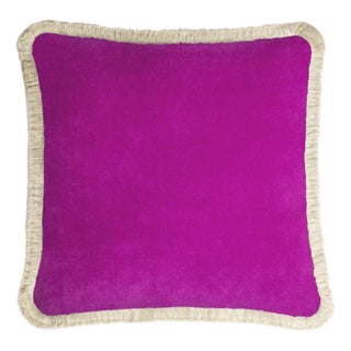 Happy Cushion Cover in Velvet Fuchsia with Dirty White Fringes by Lorenza Briola For Sale