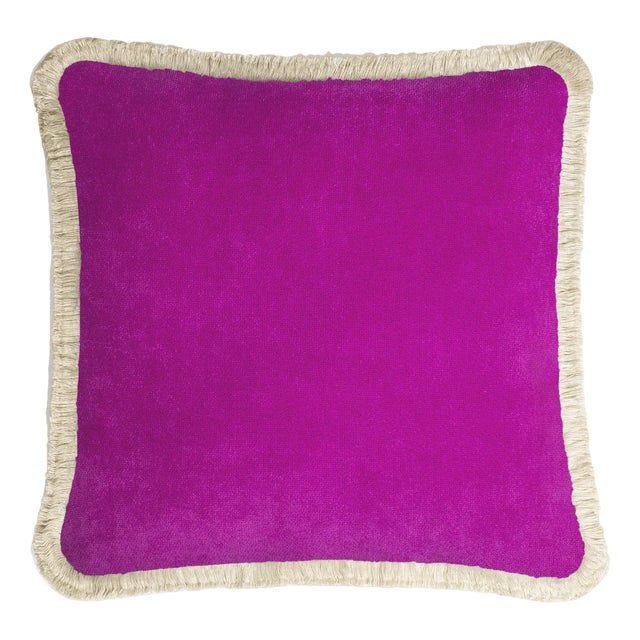 Happy Cushion Cover in Velvet Fuchsia with Dirty White Fringes by Lorenza Briola For Sale