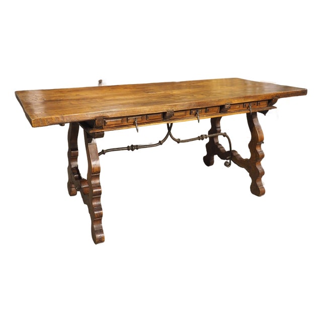 A 1900s Spanish Library Table Desk With Iron Stretchers, Shallow Frieze Drawers For Sale