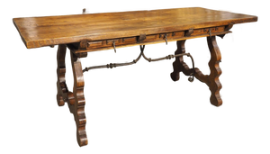 A 1900s Spanish Library Table Desk With Iron Stretchers, Shallow Frieze Drawers