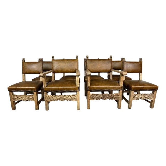 Set of Eight Spanish Colonial Leather Dining Chairs For Sale
