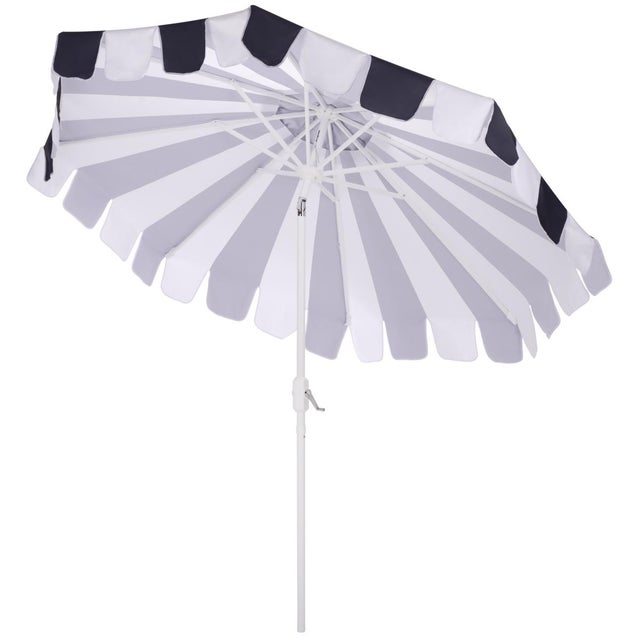 Metal Meze 9 Ft Crank Umbrella, Navy Cabana Stripe/White Pole For Sale - Image 7 of 9