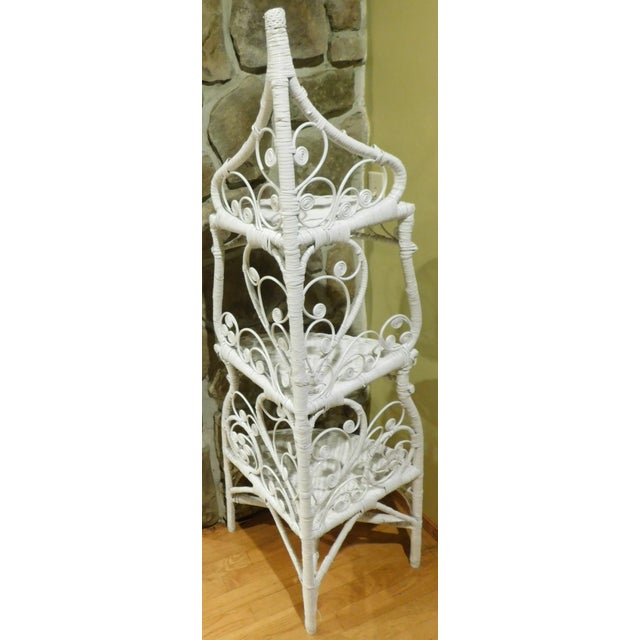 Vintage 1960s White Wicker & Rattan Corner Étagère – Ornate Heart + Scroll Motif, 3-Tier, 60" H For Sale - Image 11 of 18