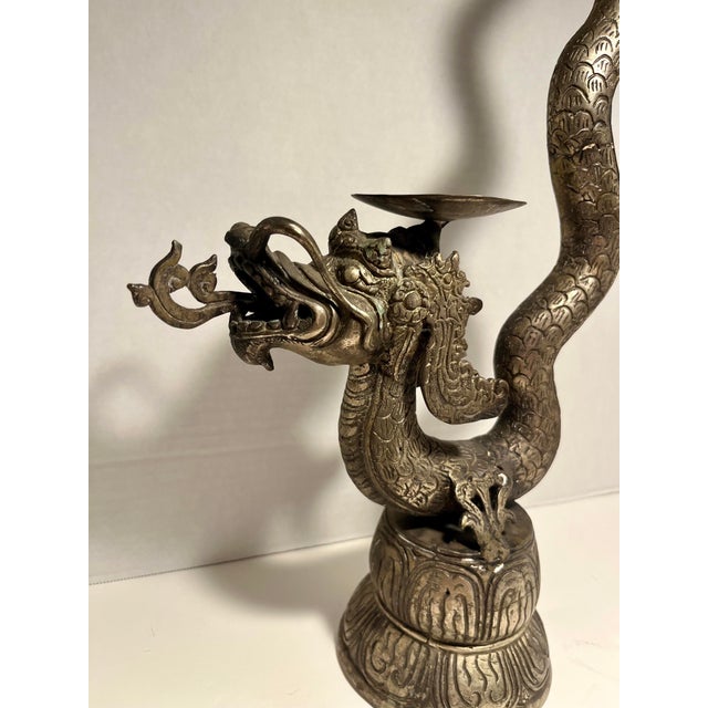Vintage Chinese Cast Metal Candle Stake Dragon Shape 23"H Plus 2 Candles Aprox. dimensions: 23"H 2 Will & Baumer Candles...
