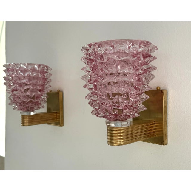 Italian Art Deco Style Brass and Pink Rostrato Murano Glass Wall Sconces, 1990s, Set of 2 For Sale - Image 4 of 13
