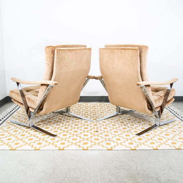 Mid Century Danish Modern Lounge Chairs Set Tufted Metal Ottoman Pair Tan Arm 2 For Sale - Image 4 of 12