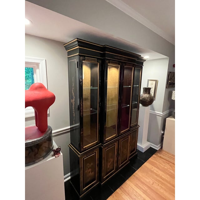 Black Mid 20th Century Ethan Allen Handpainted, Black and Gold Chinoiserie Asian China Display Cabinet and Buffet For Sale - Image 8 of 12