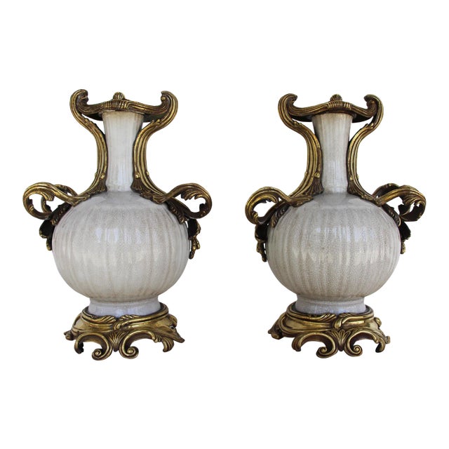 Antique Louis XV Chinese Gilt Bronze Ormolu Mounted Celadon Porcelain Vases - a Pair For Sale