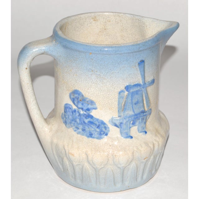 Early 20th Century Dutch Windmill Tulip Motiv Blue Beige Stoneware Pitcher For Sale In Miami - Image 6 of 14
