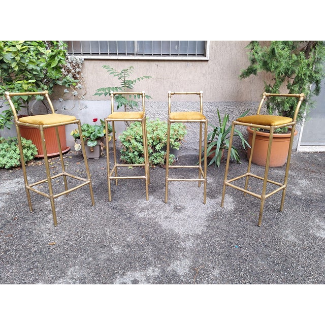 Mid-Century Modern Vintage Stools in Brass with Bamboo Workmanship, 1960s, Set of 4 For Sale - Image 3 of 12